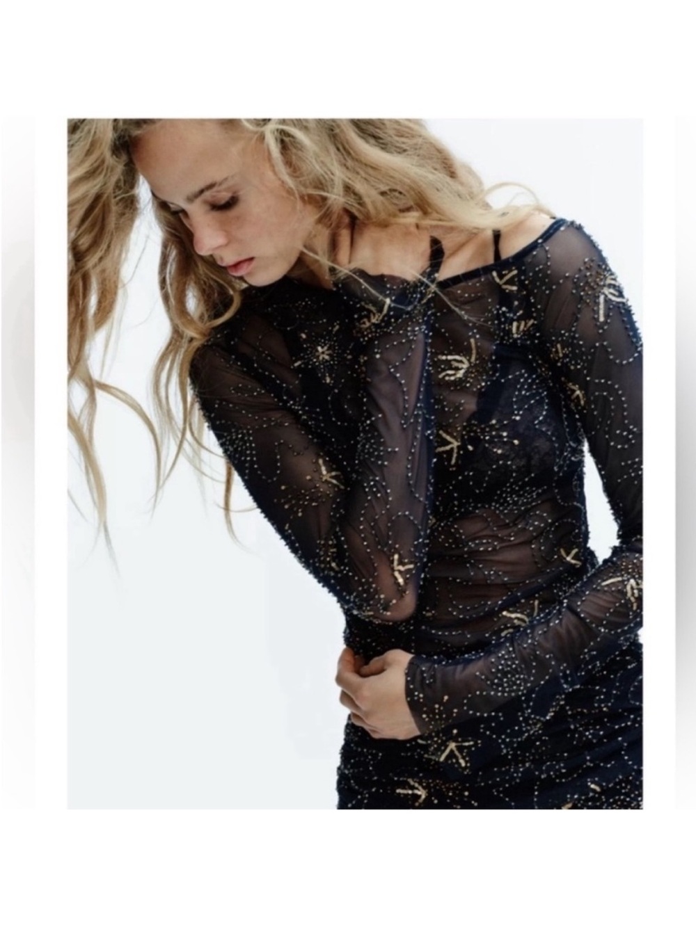 Zara NWT Small Navy Long-Sleeve Beaded Embroidered Top